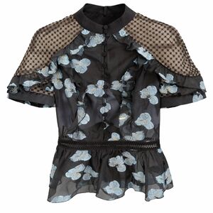 Self-Portrait Black Mesh Top with Blue Floral Embroidery